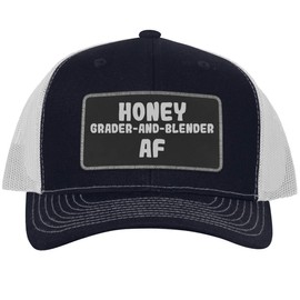 Honey Grader-and-Blender AF - Leather Black Patch Engraved Trucker Hat, Navy-White, One Size