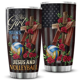 ZOXIX This Girl Runs On Jesus And Volleyball Tumbler For Girls Stainless Steel Cup Mug With Lid 20oz Flower Christian Cross USA American Vintage Gift For Volleyball Player