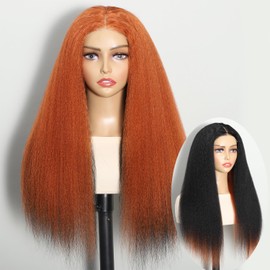 Sogram Wear and Go Glueless Wigs Human Hair Pre Plucked Pre Cut Double Wear Wig Kinky Straight 4x4 HD Lace Yaki Straight Human Hair Wigs for Black Women 180% Density 28 Inch (Orange and Black)