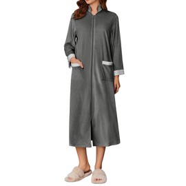 Ekouaer Women Zip Up Robe Fleece House Coats Full Length House Dress Long Sleeve Bathrobe with Pockets(Gray,XX-Large)
