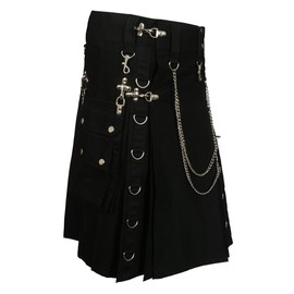 Scottish Designer Black Fashion Gothic Kilt with Silver Chains (Belly Button 32)