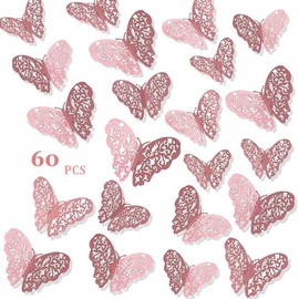Mariposas Decorativas, 60 Piezas 3D Decoraciones de pared de Mariposa, 3 Tamaños Decoraciones de Pastel de Pegatinas para Pared para Navidad, Fiesta, Decoración de Habitación para Niños, Rosado