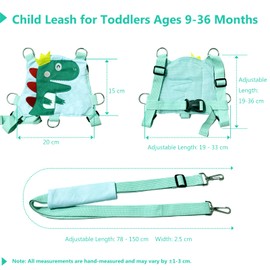 Toddler Reins for Walking 1-3 Years, Dinosaur Baby Walking Harness, Safety Harness with 1.5M Leash for Kids Walking and Travel Outside, Green