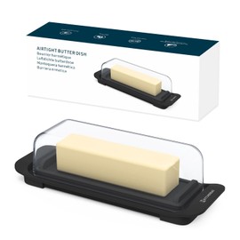 KITCHENDAO Airtight Butter Dish with Lid for Countertop and Refrigerator Door Shelf, Easy Scoop-Dishwasher Safe, Plastic Butter Holder Tray Container for West/East Coast Butter, Black