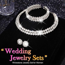 Unicra Silver Jewelry Set Rhinestone Necklace Earrings Bracelet Sets Wedding Prom Formal Jewelry for Women and Brides (Silver)
