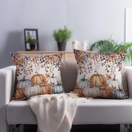 Cryfox Fall Pillow Covers Autumn Pumpkins Watercolor Throw Pillow Covers 18x18 Inch Set of 2 Decorative Fallen Leaves Farmhouse Cushion Case for Home Sofa Bed