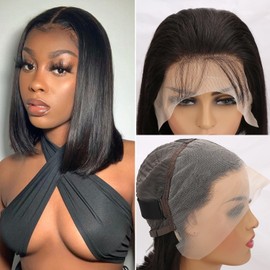 MIAORUN Natural Looking 8" Straight Bob Wig Human Hair, 13X4 HD Lace Front for Black Women, 150% Density Brazilian Hair, Glueless Transparent Lace, Pre Plucked w/Baby Hair