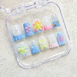 3D Flower Blue Gradient Handmade Press on Nails Shiny White Pearl Design Pink Gradient False Nails with Gold Shell Starfish Artificial Acrylic Full Set Press on Nail for Women Girls 10 Pcs （Size M）