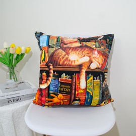 DILOXNSU Cat Cushion Covers Lovely Bookshelf Sleeping Cat Gifts for Cat Lovers Double-Sided Square Decor Pillow Cover 45 x 45 Sofa Livingroom Bed Farmhouse Throw Pillow Case 18"x18"