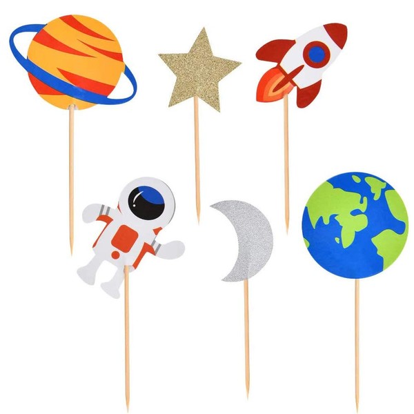 Finduat 24 Pcs Outer Space Cupcake Toppers Planet Outer Space Themed Party Supplies Birthday Decorations Rocket Astronaut Cupcake Decoration Spaceship Themed Kids Children Party Supplies