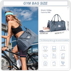HYC00 Gym Bag Women Men Sports Duffle Bag with Shoes Compartment & Wet Pocket, Travel Duffel Bags for Women Large Weekend Overnight Holdall for Hospital Swimming Carry on Hand Luggage Bag, Gray Blue