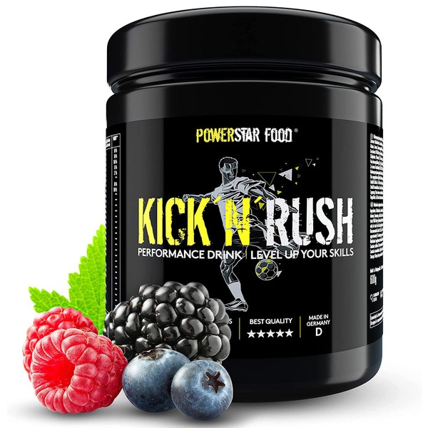 Powerstar Kick'N'Rush Wild Berry 600 g Pre-Workout Booster for Football & Other Ball Sports, Made in Germany, Fitness Powder with Electrolytes & Caffeine, Energy & Endurance in Training