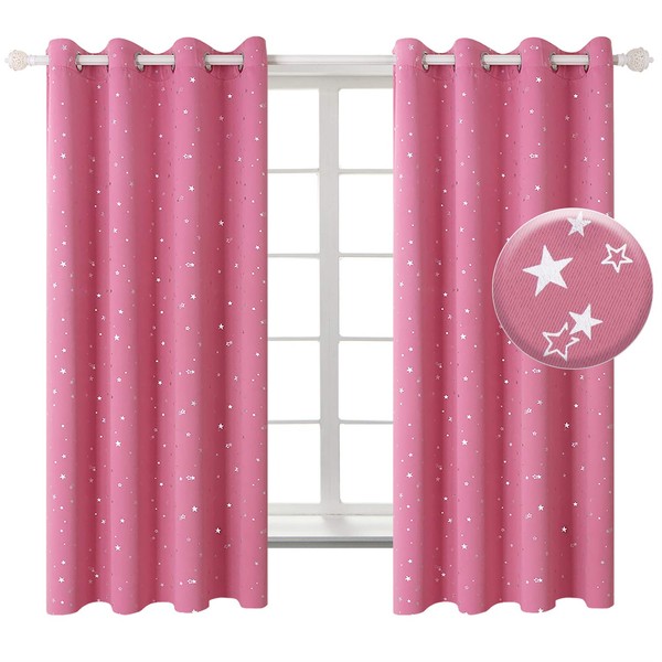 BGment Pink Star Blackout Curtains for Kid's Bedroom - Grommet Thermal Insulated Room Darkening Printed Curtains for Living Room, Set of 2 Panels, 52 x 63 Inch