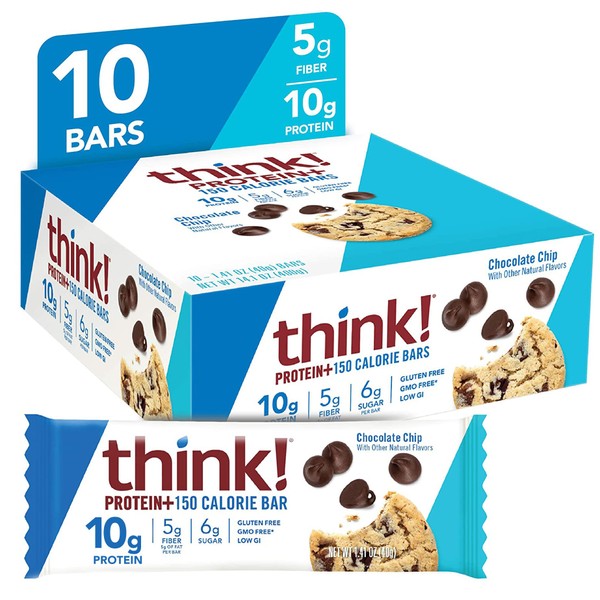think! Protein Bars with Chicory Root for Fiber, Digestive Support, Gluten Free with Whey Protein Isolate, Chocolate Chip, Snack Bars Without Artificial Sweeteners, 1.4 Oz (10 Count)