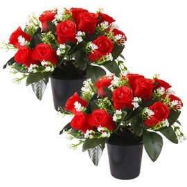 Lotvic Artificial Flowers for Graves, 25cm Grave Flowers, 2 Pcs Grave Pots with Artificial Flowers, 12 Head Red Roses Funeral Flowers, Artificial Flower for Cemetery, Memorial, Christmas Decorations