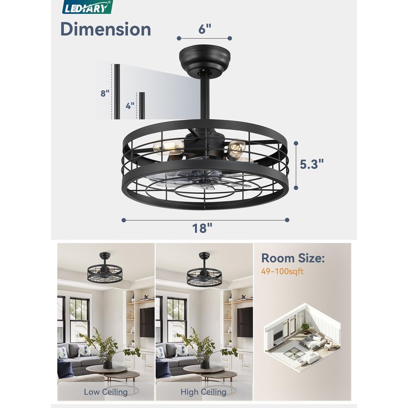 LEDIARY 18 inch Black Caged Ceiling Fan with Light, Bladeless