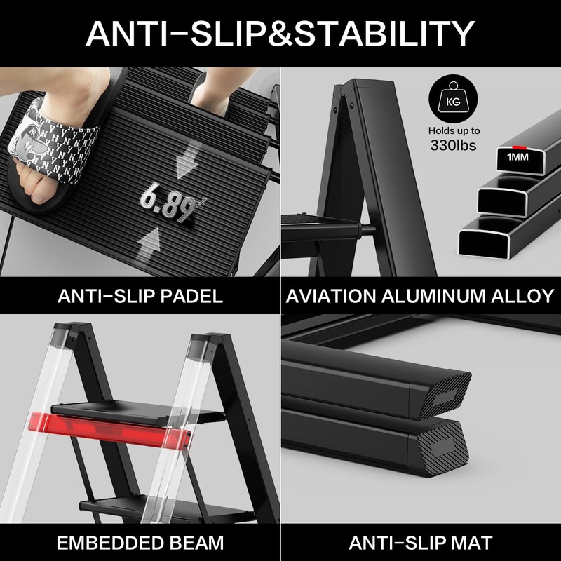 GameGem 3 Step Ladder, Aluminum Folding Step Stool with Anti-Slip