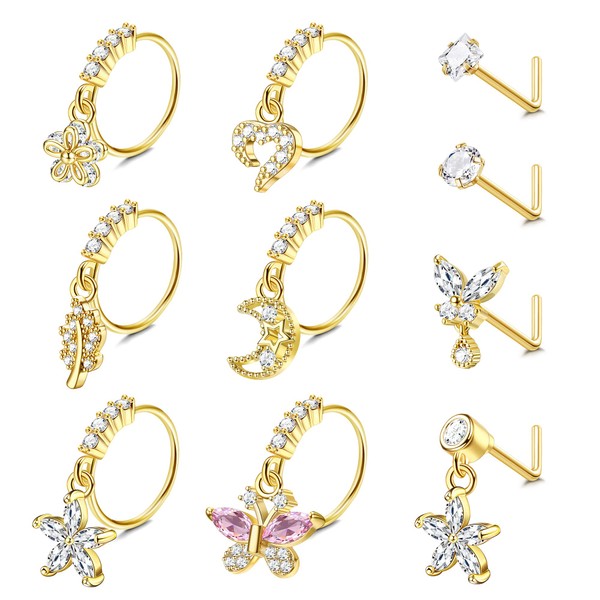 Drperfect 10Pcs 20G Nose Ring Dangle Nose Hoops Rings L
