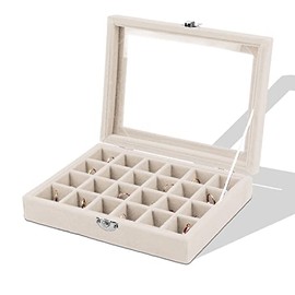 24 Grid Velvet Jewelry Tray Box, Lainrrew Jewelry Ring Display Showcase Earring Organizer Holder Jewelry Storage Box for Girls Women (Beige)