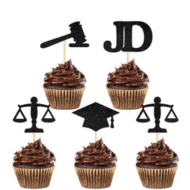 Lawyer Graduation Cupcake Toppers 24Pcs- Black Glitter | Congrats Class of 2025 JD Grad, Case Closed Cupcake Picks Decorations | Law School Survivor Graduation Party Supplies