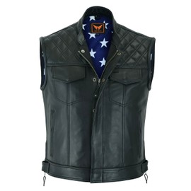 TackField Men's Leather Motorcycle Vest – Club Style Biker Vest with American Flag Lining, Concealed Carry Pocket, and Quilted Shoulders (US, Alpha, X-Large, Regular, Regular, Black)