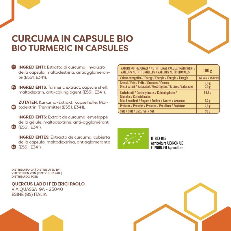 ERBOTECH Curcuma Organic Capsules, 200 g Pack, Approx. 280 Capsules,