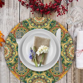 Round Placemats 14 Inch Set of 4 Bohemian Style Premium Linen Non Slip & Heat Resistant Stain Resistant for Party Kitchen Dining Kitchen Restaurant Decoration