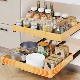 RESENSTORE Bamboo Pull Out Cabinet Organizer, Adjustable Width（13.4"-20.5"） Slide Out Drawers for Kitchen Cabinets,Fixed with Nano Adhesive Film for Kitchen Base Cabinet Pantry Bathroom Organization