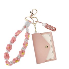 Pretaco Pink 3-in-1 Bohemian Hand-Woven Flower Keychain Bracelet Pendant Phone Chain + Card Organizer + Lipstick Woven Mesh Pocket