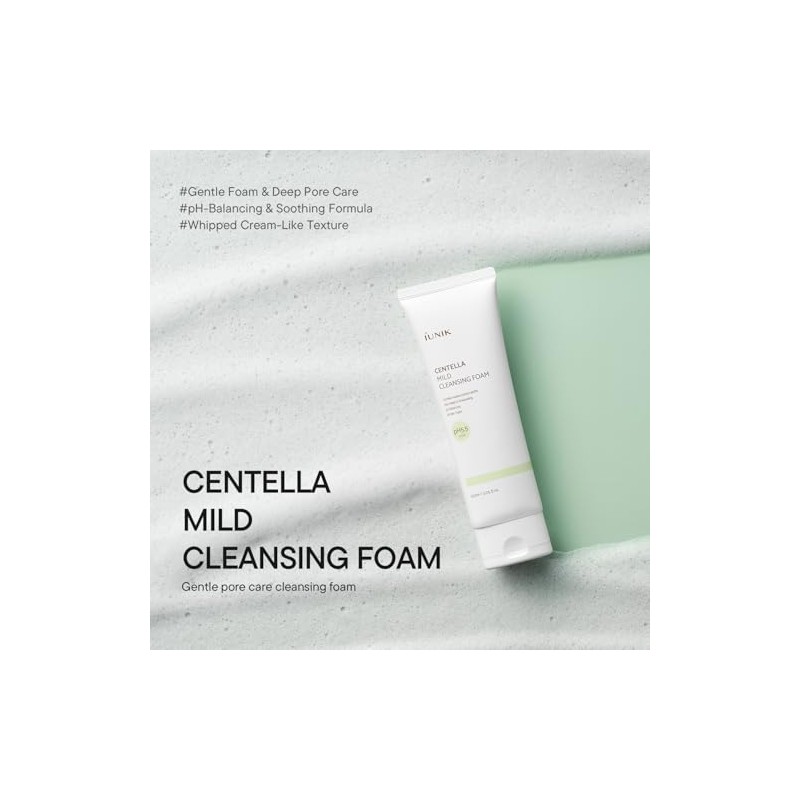 IUNIK- Limpiador facial espumoso suave con centella asiática, no resecado,