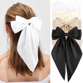 Atoden Hair Bows Silky Satin Bows for Hair Ribbons 4Pcs Coquette Oversized Long Tail Hair Bow Clips Barrettes Big Bowknot Hair Accessories for Women Girl Trendy Stuff Gifts (White Beige Khaki Black)