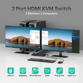 MT-VIKI HDMI KVM Switch 2 Monitors 2 Computers 4K@60Hz, USB3.0 HDMI KVM Switch Dual Monitor with 4 USB 3.0 Ports Sharing Keyboard/Mouse/Printer