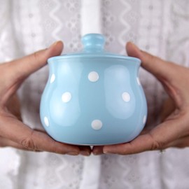 City to Cottage® Light Sky Blue and White Polka Dot Spotty Handmade Hand Painted Ceramic Sugar Bowl Pot with Lid | Jam Honey Jar