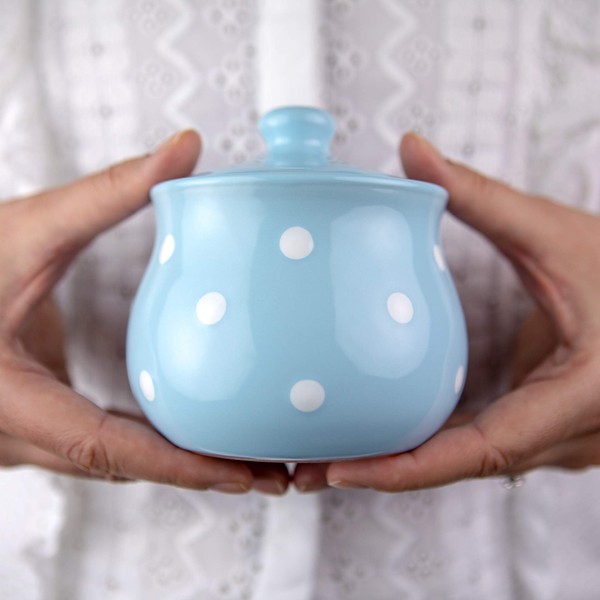 City to Cottage® Light Sky Blue and White Polka Dot Spotty Handmade Hand Painted Ceramic Sugar Bowl Pot with Lid | Jam Honey Jar