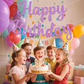 Light Purple Glitter Happy Birthday Banner Birthday Sign, Birthday Garland Wall Door Banners Flag for Women Men Boys Girls Party Backdrop Decorations