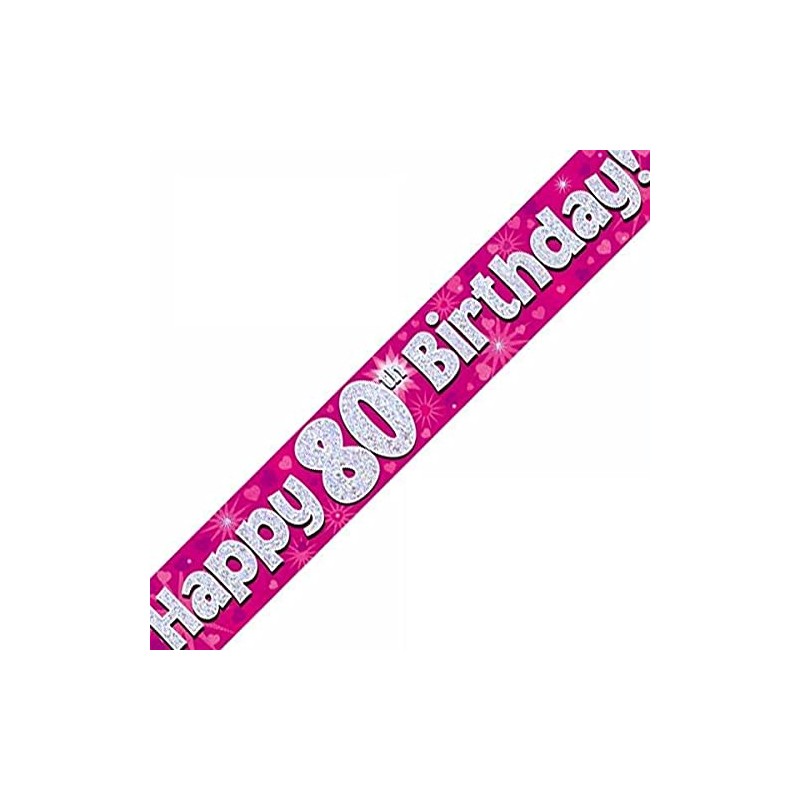 9ft Banner Happy 80th Birthday Pink Holographic