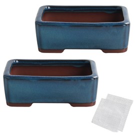 Bonsai Planter 5.5" Small Glazed Pots Succulent Set of 2 + 2 Soft Mesh Drainage Screens