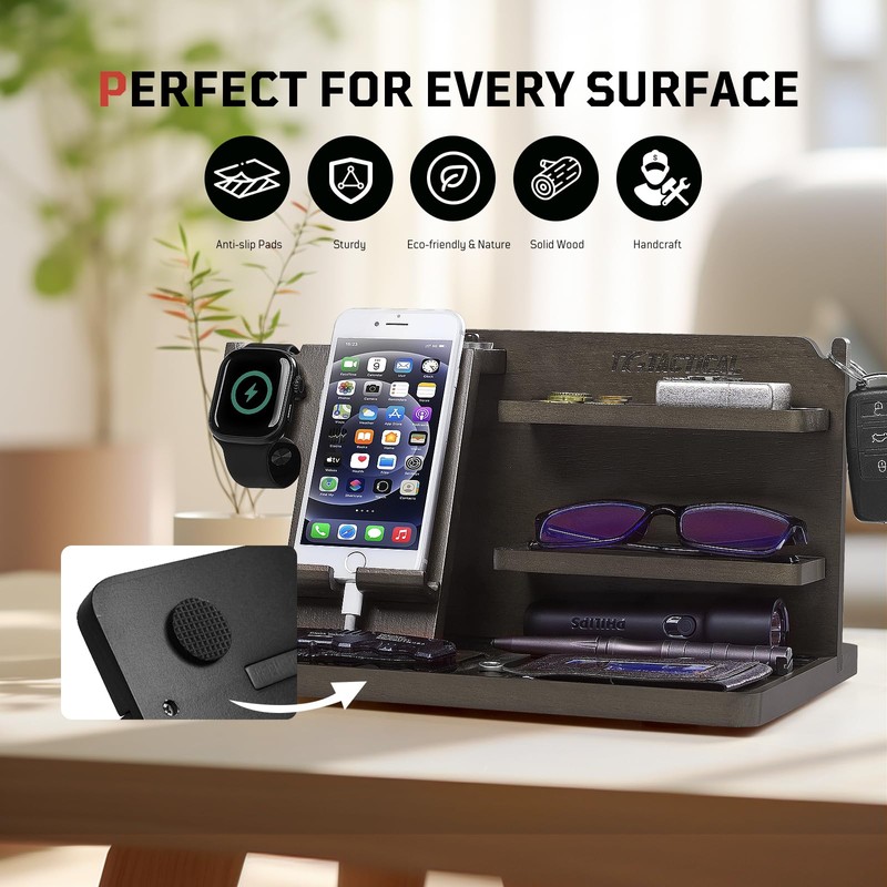 1TG Tactical Nightstand Organizer, Wood Phone Docking Station, Bedside Desk