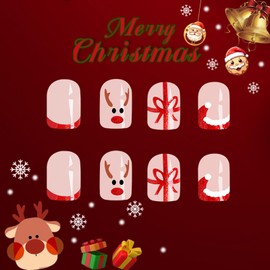 Christmas Square Press on Nails Short Fake Nails Red French Tip False Nails with Gifts Elk Design Glossy Christmas Glue on Nails Cute Santa Hat Nail Tips Acrylic Nails Winter Stick on Nails for Women