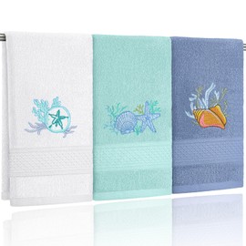 Hahafelt 3 Pack Coastal Hand Towels for Bathroom 100% Cotton Embroidered Beach Bathroom Towels 13.78 x 29.53 Inch Soft Absorbent (White Green Blue, Seashell)