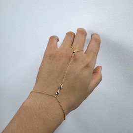 925 Sterling Silver Triple Solitaire Sapphire Blue CZ Finger Ring Bracelet Hand Chain September Birthstone Jewelry for Women, 14K Gold Slave Bracelets Adjustable