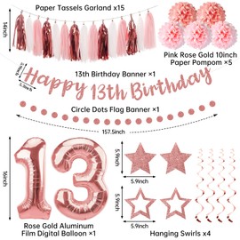 Kuxriox 13Pcs Happy 13th Birthday Decorations for Girls, Pink Rose Gold 13th Birthday Banner and Balloons, Glittery 13 Year Old Bday Tissue Pompoms, Circle Dots Garland, Tassel Garland Party Supplies