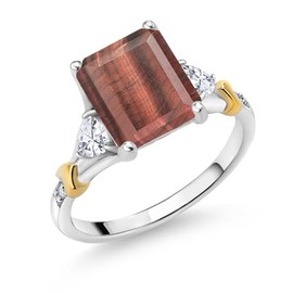 Gem Stone King 925 Silver and 10K Yellow Gold Red Tiger Eye and White Moissanite and Diamond Engagement Ring For Women (3.34 Cttw, Emerald Cut 10X8MM, Trillion 3.5MM) (Size 6)