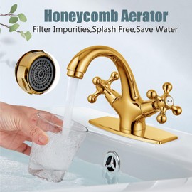 Aolemi Bathroom Sink Faucet Single Hole Cold and Hot Double Handle Cross Knobs Vanity Vessel Sink Basin Mixer Tap with Deck Cover Plate with Pop Up Drain Polish Gold