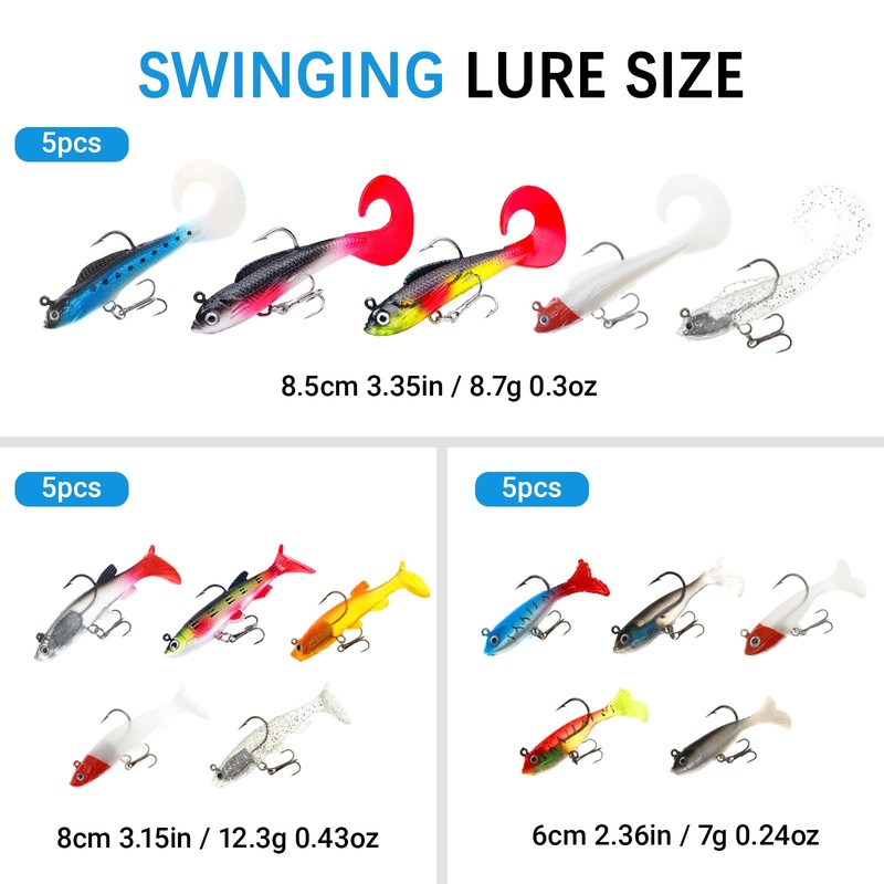 15PCS Lifelike Paddle Tail Swimbaits with Jig Heads, Pre-Rigged Soft