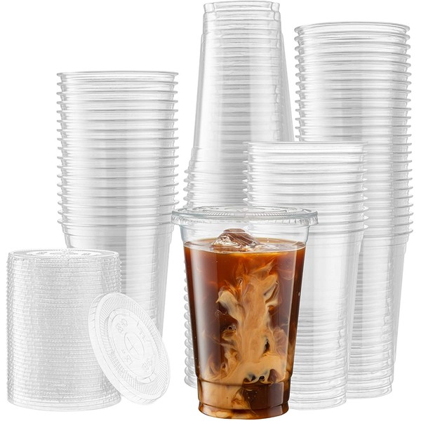 [50 Sets - 20 Oz] Crystal Clear PET Plastic Cups With Flat lids for Iced Coffee, Cold Drinks, Milkshake, Slush Cups, Smoothy's, Slurpee, Party's, Plastic Disposable Cups