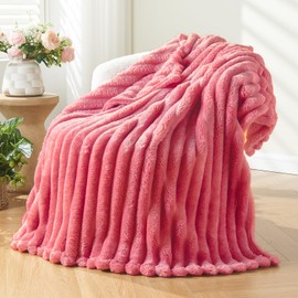 NEWCOSPLAY Super Soft Twin Blanket Coral Pink Premium Silky Flannel Fleece 3D Ribbed Jacquard Lightweight Bed Blanket All Season Use (Coral Pink Ribbed, Twin(60"x80"))