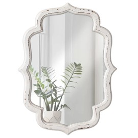 Sintosin Vintage Small Scalloped Wall Mirror Decorative 16" x 12", Hanging Rustic Distressed White Bathroom Mirrors for Vanity, Farmhouse Wood Quatrefoil Wall Mounted Mirror for Living Room