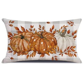 Fall Pumpkin Maple Leaves Throw Pillow Cover, 12x20 Inch Autumn Thanksgiving Buffalo Pliad Lumbar Cushion Cover for Home Couch Sofa Living Room Bedroom Decor Dark Orange CBZ08-03