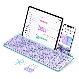 Cute Wireless Bluetooth Keyboard, seenda Dual Mode (Bluetooth + 2.4G) Round Key Typewriter Keyboard with Number Pad Integrated Stand for Mac OS/Windows Computer, iOS/Android Tablet Phone, Green Purple